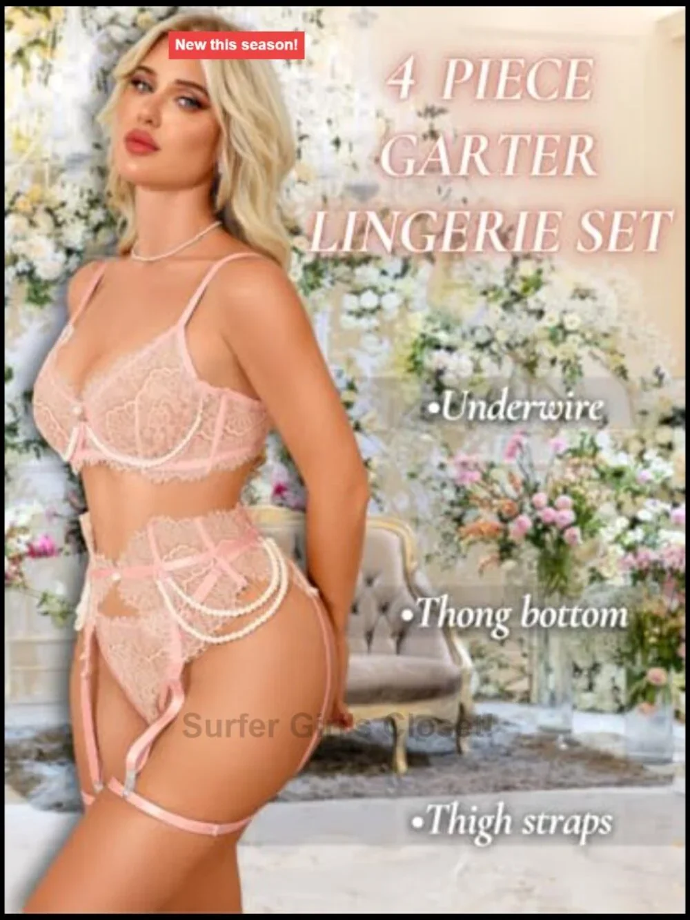 4PC Lace Lingerie Set Sheer Bra Panty Garter Belt Thigh Highs Boudoir